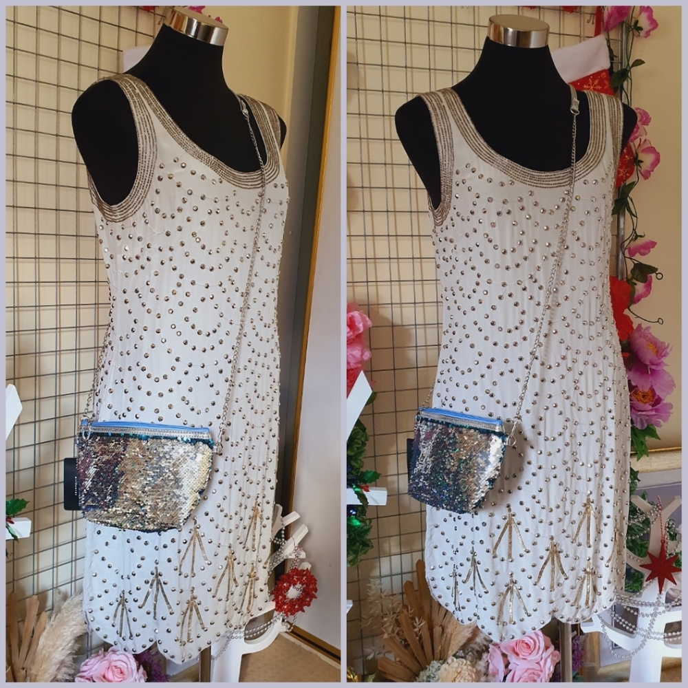 ALANNAH HILL | 100% Silk - Main & Lining | White Beaded Dress Sleeveless | AU 12 - Picture 5 of 15